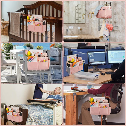 Bedside Caddy Organizer 5 Pockets and 4 Hooks for Bunk Bed Pink | Hanging Storage Bag for Headboards