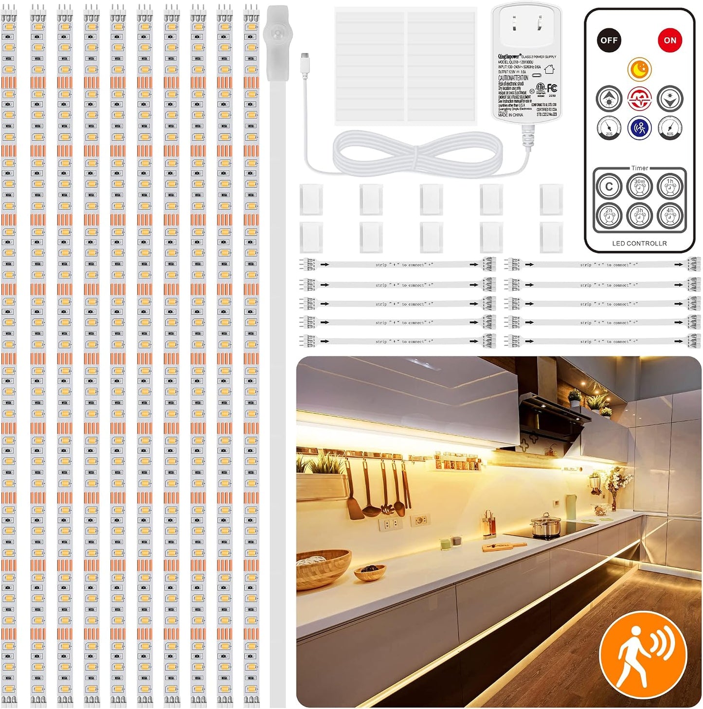 LAFULIT 10 PCS Motion Sensor Under Cabinet Lights Kit | Plug In LED Strip, Remote Control, Dimmable Timer, Warm White, For Cupboards Closets Stairs Shelf Bed