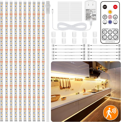 LAFULIT 10 PCS Motion Sensor Under Cabinet Lights Kit | Plug In LED Strip, Remote Control, Dimmable Timer, Warm White, For Cupboards Closets Stairs Shelf Bed