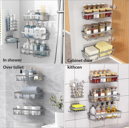 Liuoud 5 Pack Shower Caddy for Inside Shower, Gold Bathroom Storage Decor | Large Rustproof Stainless Steel Organizer with Strong Adhesive, No Drilling Wall Mounted Shelves, Bathroom Accessory Set
