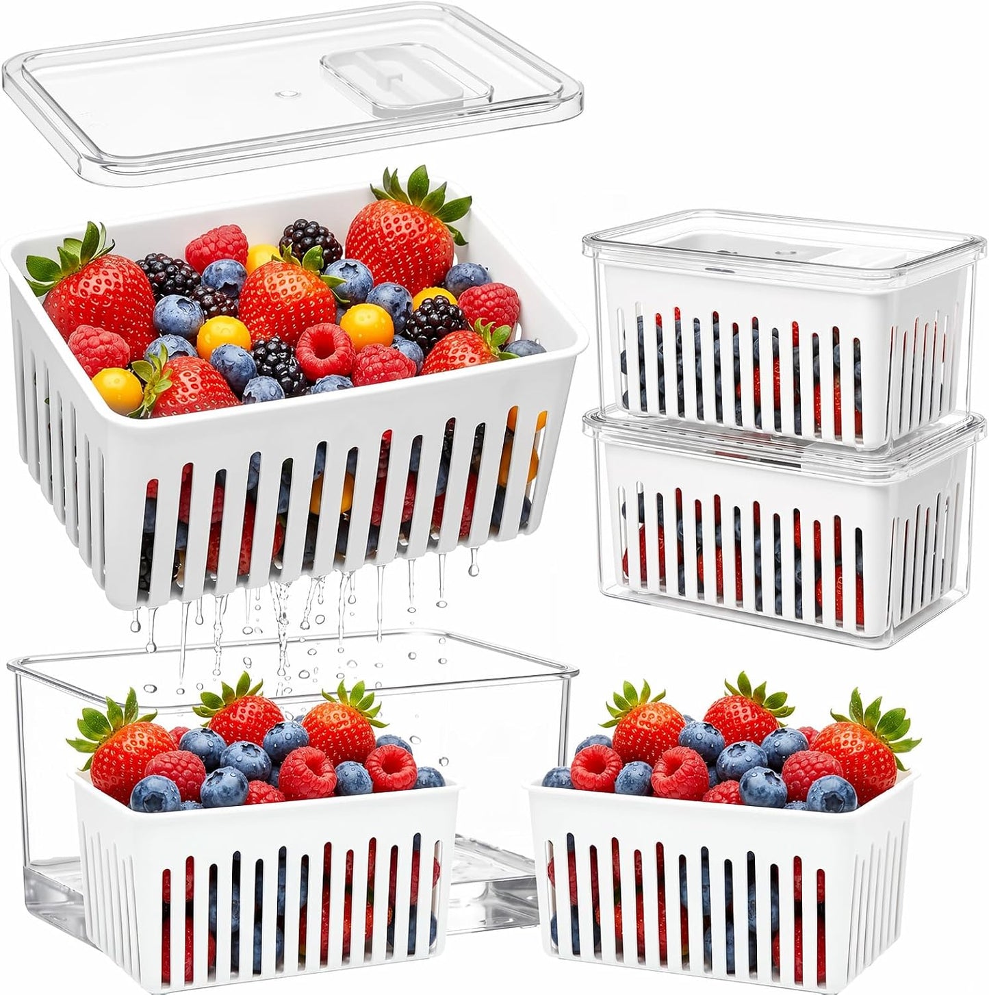 2 Pack Berry Containers for Fridge, Large Produce Saver with Removable Colander, 3.42 Quart Fruit Storage Container Keeps Strawberries, Blueberries, Vegetables Fresh, Built-in Date Tracker