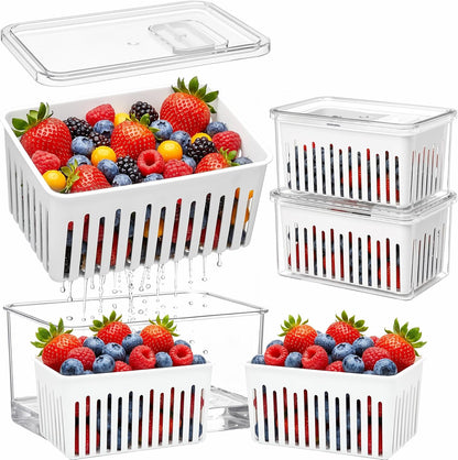 2 Pack Berry Containers for Fridge, Large Produce Saver with Removable Colander, 3.42 Quart Fruit Storage Container Keeps Strawberries, Blueberries, Vegetables Fresh, Built-in Date Tracker