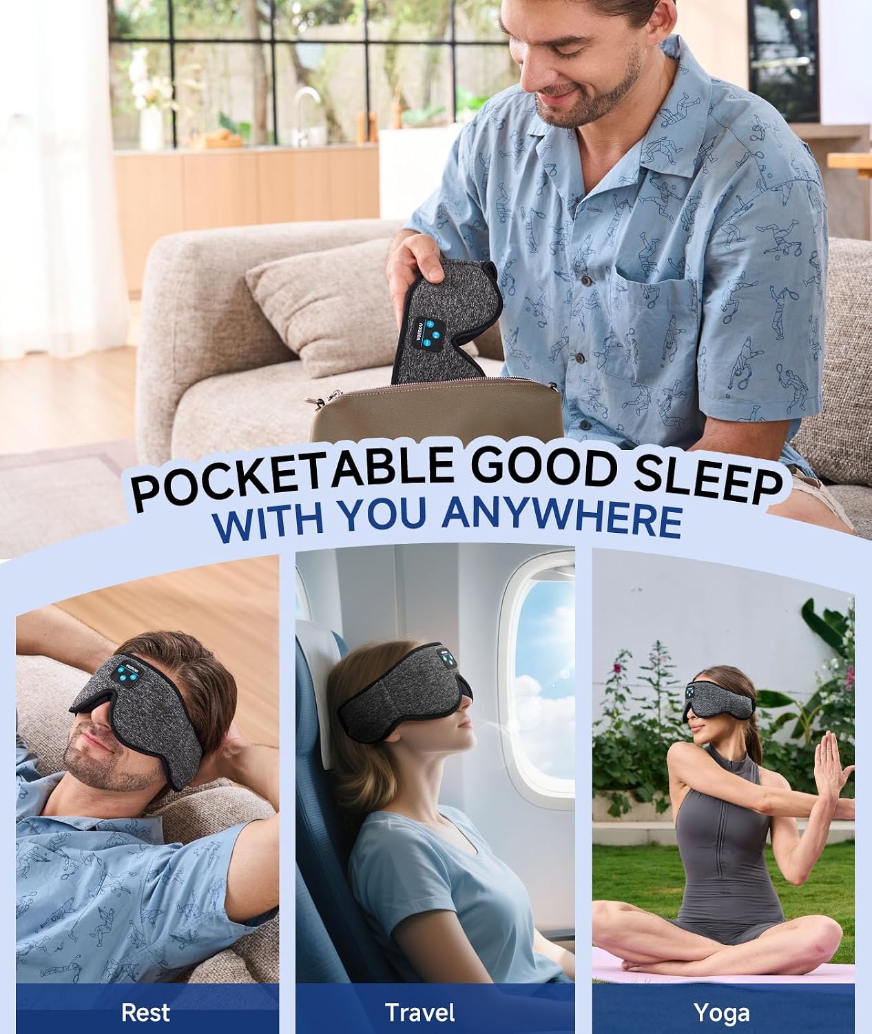 Voerou Sleep Mask with Bluetooth Headphones, Zero Pressure Wireless Sleeping Eye Mask, 100% Light Blocking Sleep Headphones for Side Sleepers, Suitable for Sleep Nap Travel, Cool Gadgets Unique Gifts