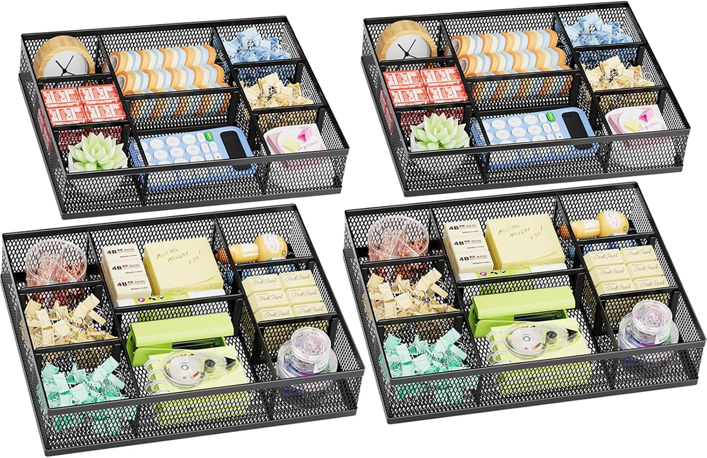 Marbrasse 2 Pack Desk Drawer Organizer, Mesh Drawer Organizer Tray with 8 Adjustable Compartments, Desk Organizers and Accessories, 5 Dividers Drawer for Office Supplies, Makeup & Vanity (Black)