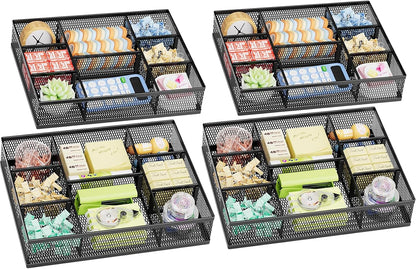 Marbrasse 2 Pack Desk Drawer Organizer, Mesh Drawer Organizer Tray with 8 Adjustable Compartments, Desk Organizers and Accessories, 5 Dividers Drawer for Office Supplies, Makeup & Vanity (Black)