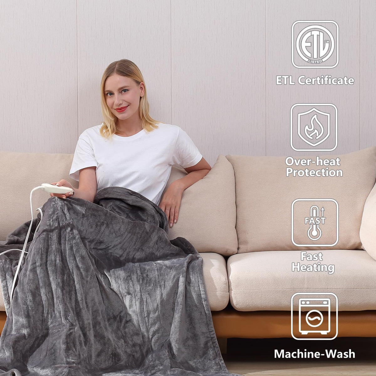 Tefici Heated Blanket Throw,Ultra Soft 2-Layer Flannel Electric Blanket