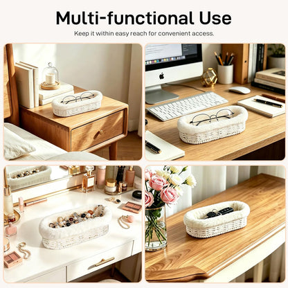Glasses Holder, Paper Rope Plush Lined Eyeglass Holder Stand, Jewelry Key Tray Storage Organizer for Nightstand, Desk