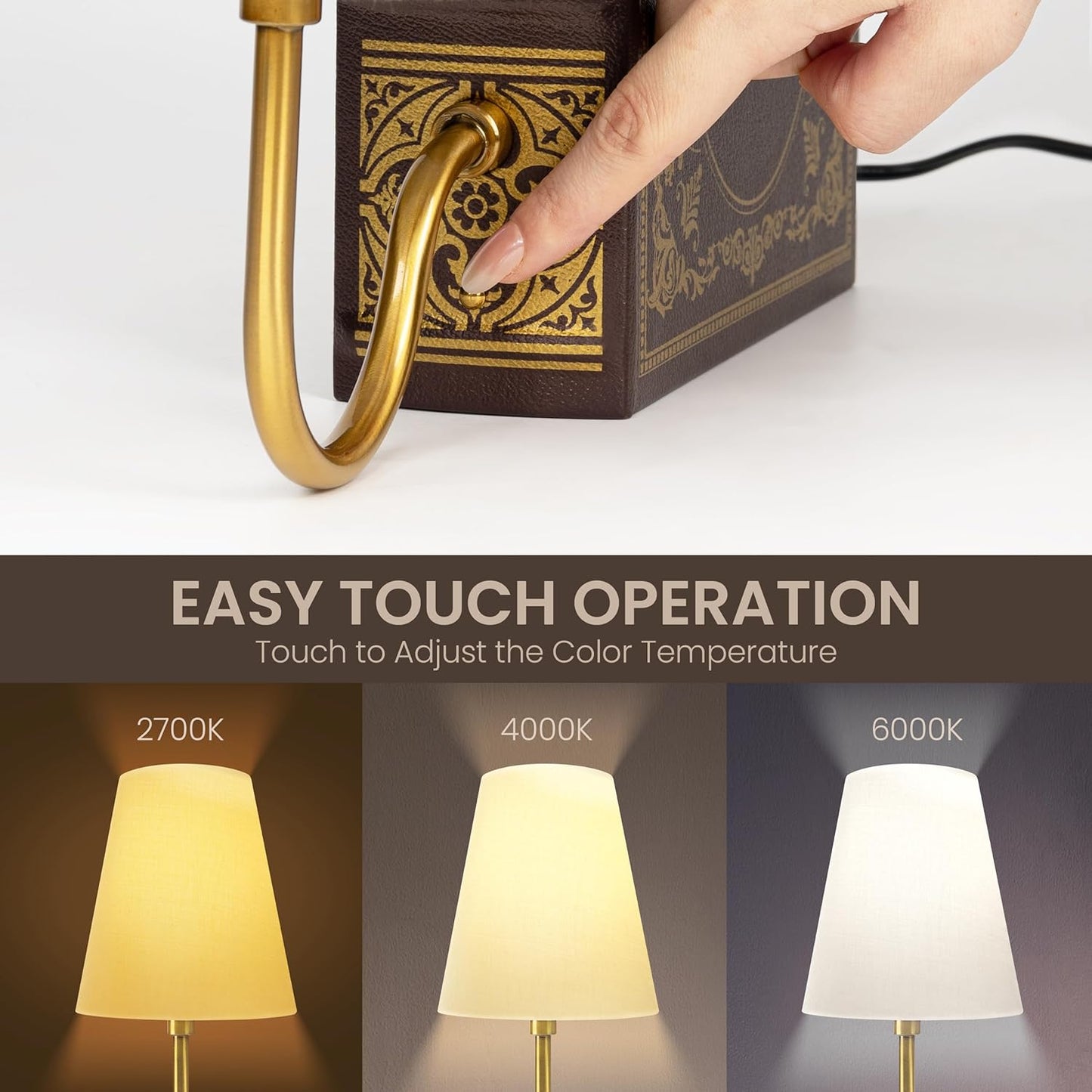 AELS Solid Wood Bookshelf Lamp with Bulb, Cordless Rechargeable Touch Dimmable Table Lamp with Linen Fabric Shade, Modern Decorative Bookend Lamp for Bedroom, Office & Bookshelf Decor, Dark Brown