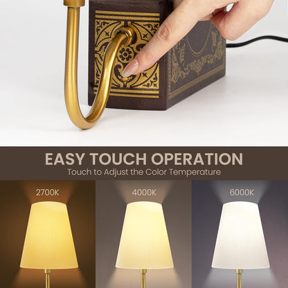 AELS Solid Wood Bookshelf Lamp with Bulb, Cordless Rechargeable Touch Dimmable Table Lamp with Linen Fabric Shade, Modern Decorative Bookend Lamp for Bedroom, Office & Bookshelf Decor, Dark Brown