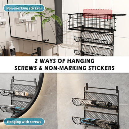 Wall-Mounted Hair Dryer Holder Styling Tool Organizer 4-Shelf Storage Wire Basket with Hook Heat Safe Rack for Hair-Straighteners,Curling Wands,Flat Iron,Cabinet Door Bathroom Kitchen White