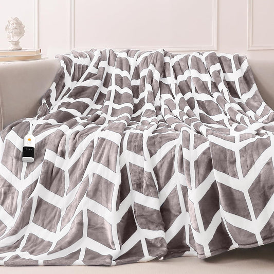 Heated Throw Blanket, 5 Heat Levels & 3 Hours Auto Off, Grey | ETL & FCC, fast warming, 50" x 60", flannel and sherpa, couch office use, machine washable, removable controller