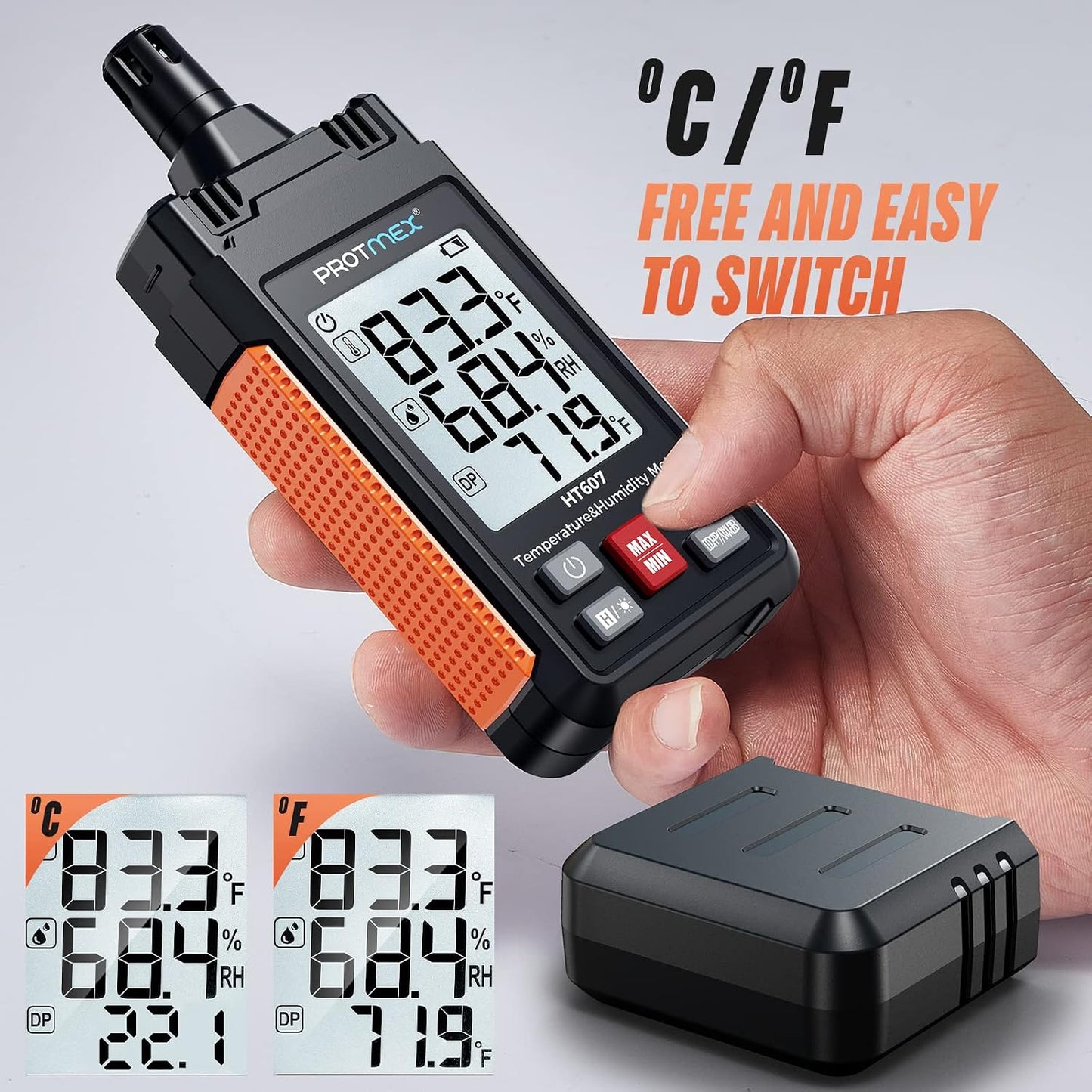 HT607 Temperature Humidity Meter - Large LCD Backlight with Cover Protector | High-Precision Digital Hygrometer with Ambient, Relative Humidity, Dew Point, Wet Bulb Thermometer, Min/Max Hold