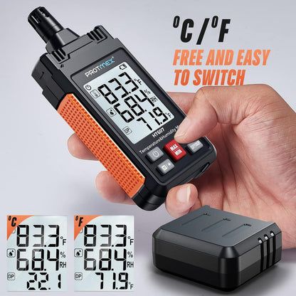 HT607 Temperature Humidity Meter - Large LCD Backlight with Cover Protector | High-Precision Digital Hygrometer with Ambient, Relative Humidity, Dew Point, Wet Bulb Thermometer, Min/Max Hold