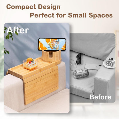 Couch Cup Holder for Armrests Over 4.9" Wide with 360° Phone Stand Walnut | Couch Arm Tray with 360° Rotating Phone Stand, 3 in 1 Foldable Sofa Arm Tray Table for Remote, Snacks, Phone, Drinks