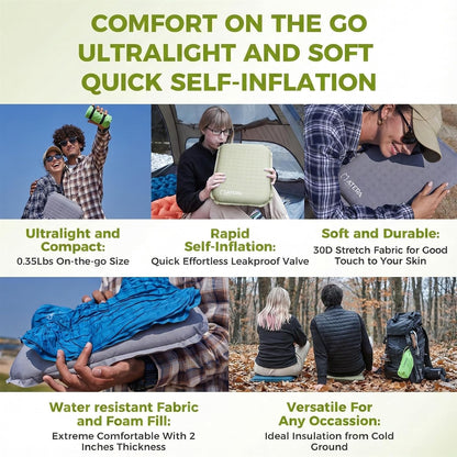 ATEPA Inflatable Seat Cushion | 2" & 2.5" foam core seat pad, Self inflating, Compact, Stadium, Airplane, Travel, Camping, Hiking, Sports events