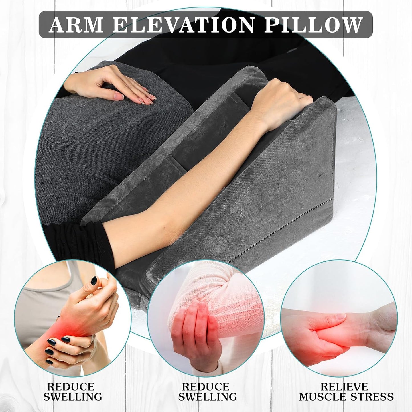 Buryeah Dark Gray Arm Elevation Pillow with 2 Pockets, Soft Ergonomic Support Pillow for Elbow Rest Wedge Broken Arm Elbow Gifts with High Density Foam for Recovery Sleeping (Plush Material)
