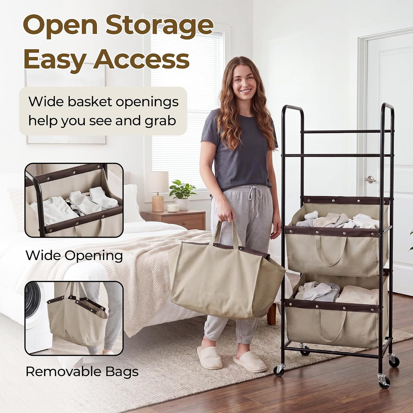 GRANNY SAYS 3 Tiered Laundry Sorter, Narrow Hamper Cart with Wheels | Sturdy 3 Section Laundry Basket with Wheels, Vertical Beige Hamper Cart for Bedroom, Bathroom, Apartment