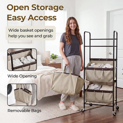 GRANNY SAYS 3 Tiered Laundry Sorter, Narrow Hamper Cart with Wheels | Sturdy 3 Section Laundry Basket with Wheels, Vertical Beige Hamper Cart for Bedroom, Bathroom, Apartment