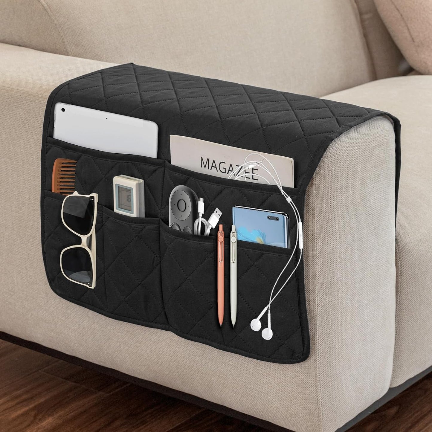 Remote Control Holder for Recliner, Armchair Caddy, Non Slip Sofa Armrest Organizer for Recliner Couch With 6 Pockets for TV Remote,Cell Phone,Magazine (Off-White)