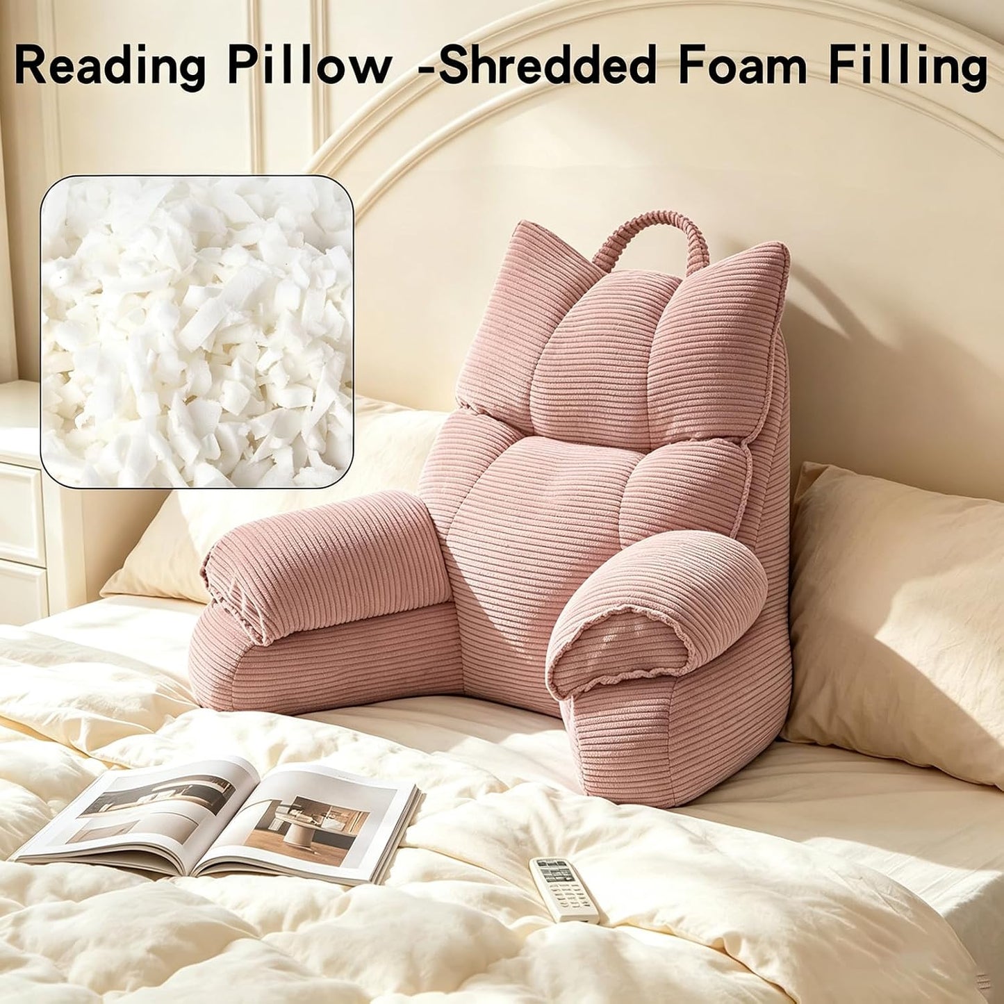 Reading Pillow for Bed with Arms, Back Support, Memory Foam（Grey Black） | Reading Pillow for Bed with High Arm Rests, Back Support Pillow for Sitting Up, Shredded Memory Foam for Reading, TV & Gaming