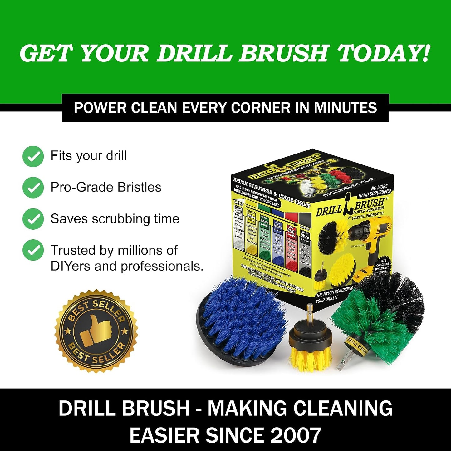 Cordless Power Spin Scrubber Drill Attachment - Electric Dish Scrubber Spin | Medium Drill Brush Attachments for Cleaning Tile, Grout, Dishes, Pots, Pans, Air Fryers, Fish Tanks, Boat Seats & Boat Hulls