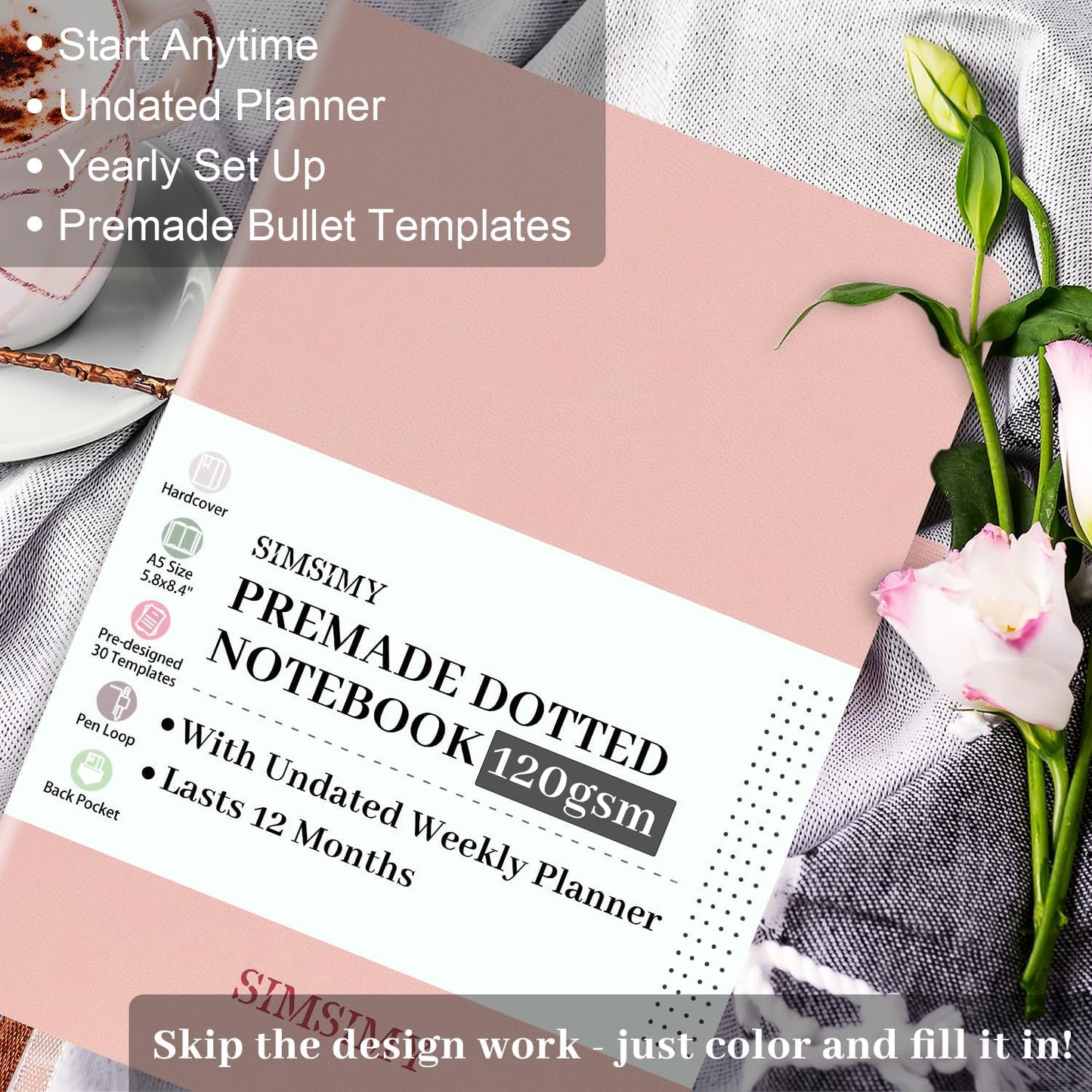 Premade Dotted Journal Notebook with Bullet Templates, Pre-made Dot Grid Journaling with Undated Weekly & Monthly Planner, Various Trackers - 12 Month Organization, A5 Hardcover