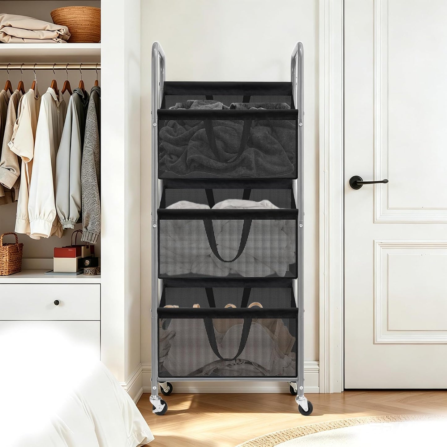 STO STO 3-Tier Vertical Rolling Laundry Hamper, Removable Bags, Black Mesh | 120L Capacity, Space-Saving Vertical Design, Rust-Resistant Steel Frame, Lockable Wheels, Ideal for Apartments & Small Spaces