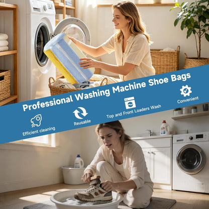 2PCS XXL Shoe Washing Machine Bag with Adjustable Shoes Trees - Heavy Duty Reusable Shoe Laundry Bag for Washer and Dryer - 360° Deep Clean & Protect Chenille Microfiber Sneakers Wash Bags - White