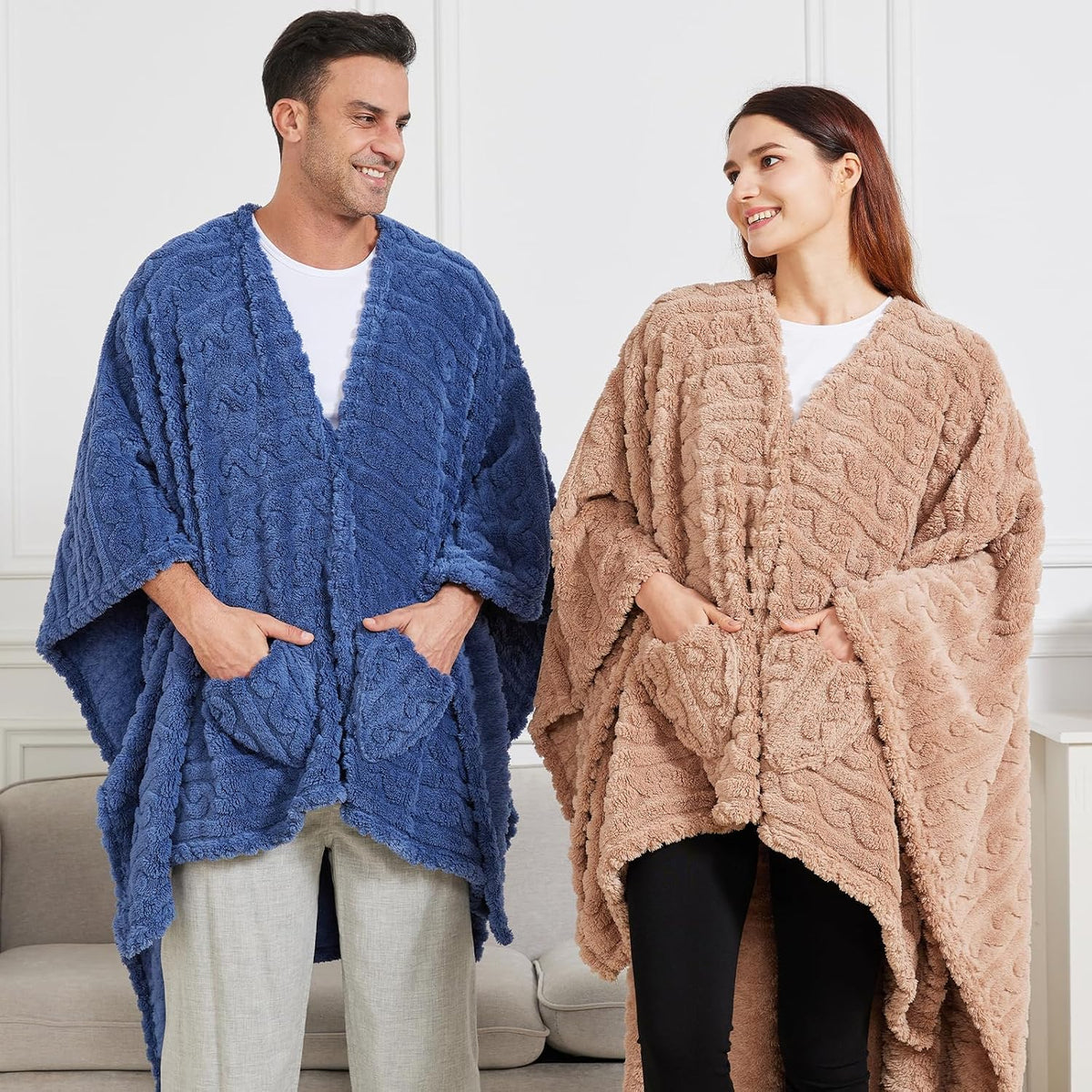 Wearable Blanket Sherpa Fleece Shawl Blanket with Pockets Blanket Poncho Cape for Adults, Cozy Shawl TV Throw Blankets
