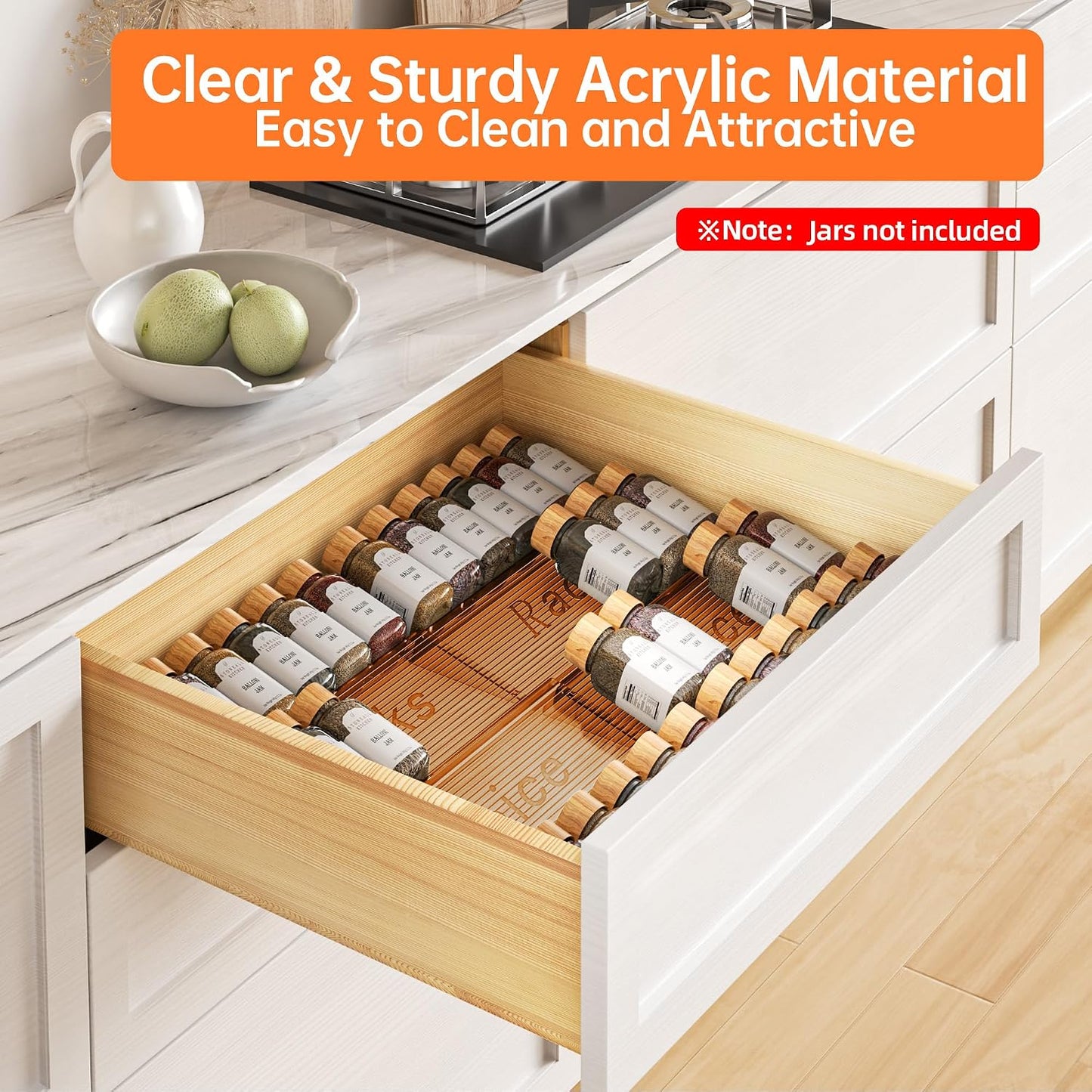 Spice Drawer Organizer, 8 Pack Clear Seasoning Organizer Rack | Expandable From 11" to 22" Wide, Kitchen Spice Rack Organizers for Drawer, Countertop, (Jars Not Included)