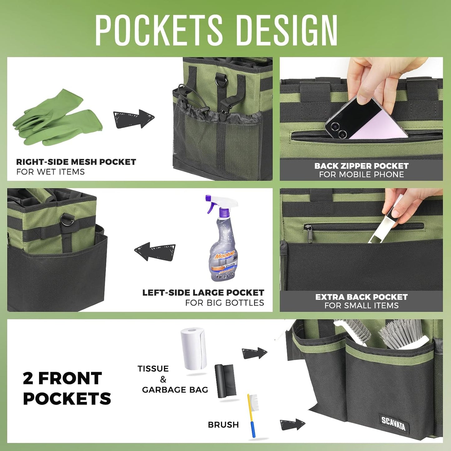 SCAVATA Compact Wearable Cleaning Caddy with Handle & Shoulder Straps | Small Cleaning Supplies Organizer, Under Sink & Car Cleaning Tools Storage Bag for Housekeepers Cleaners, Black