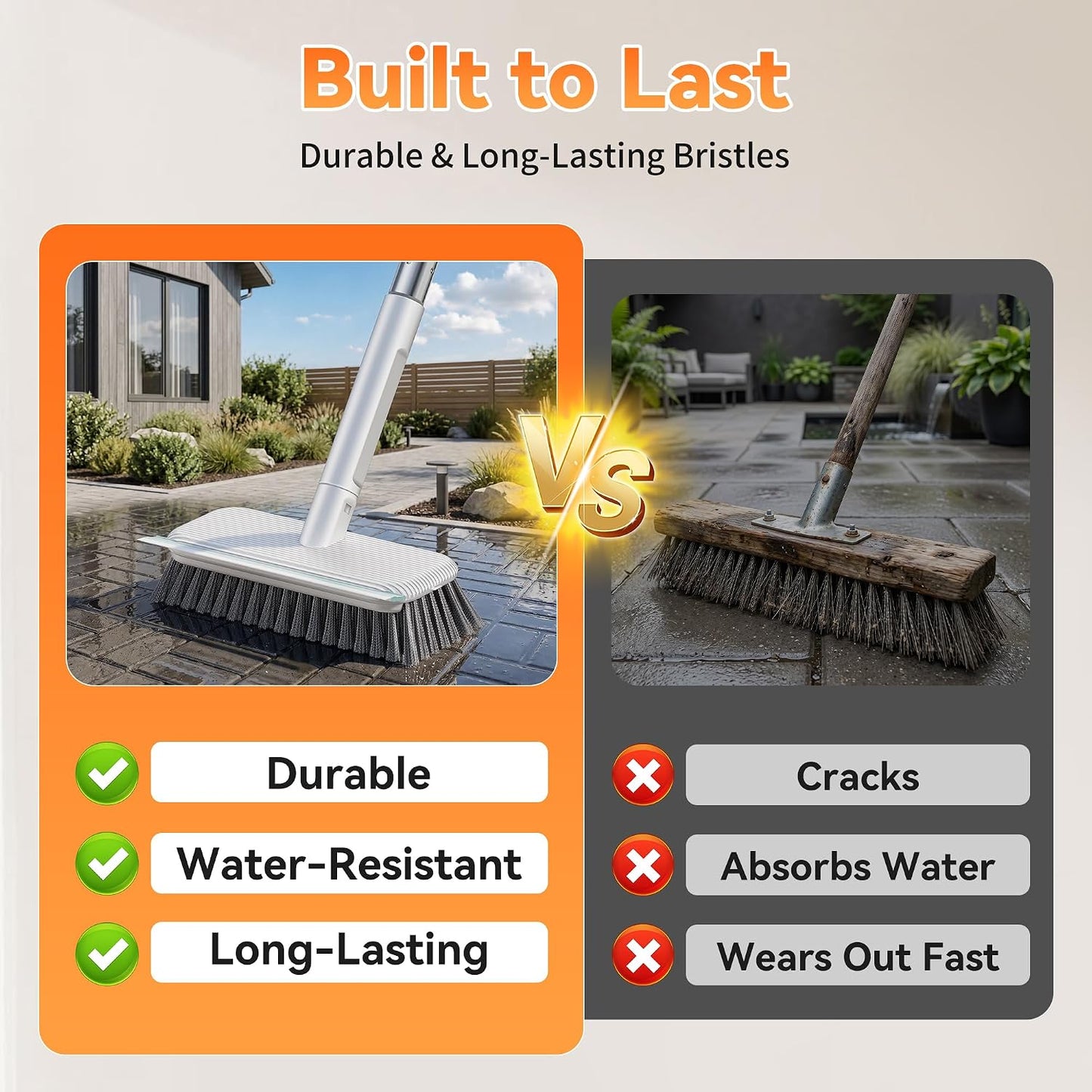 Floor Scrubber, Stainless Steel Wire Scrub Brush with Long Handle | Sturdy, with Squeegee, Deep Cleaning for Concrete, Patio, Driveway, Garage Floor, Pavers, Grout & Moss Removal