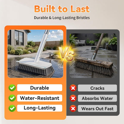 Floor Scrubber, Stainless Steel Wire Scrub Brush with Long Handle | Sturdy, with Squeegee, Deep Cleaning for Concrete, Patio, Driveway, Garage Floor, Pavers, Grout & Moss Removal