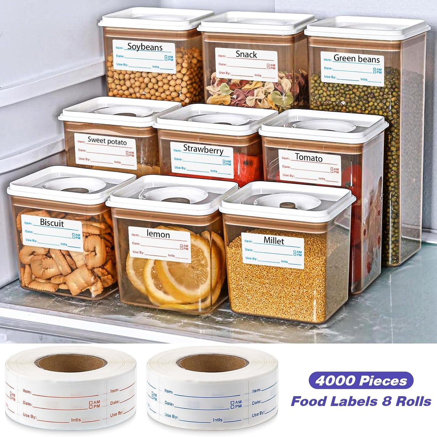 8 Rolls 4000 Pcs Removable Freezer Labels for Food Containers | 1 x 2 Inch No-Residue Food Labels Easy to Write On Foods Date Label Stickers for Kitchen Restaurants Grocery Stores Markets