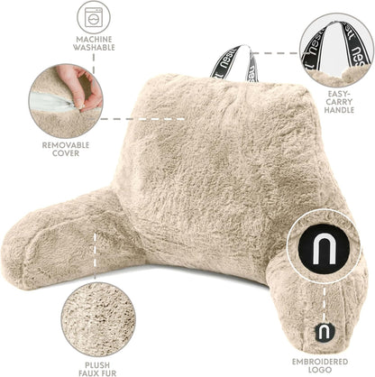 Nestl Fur Reading Pillow with Shredded Memory Foam, Stylish Back Pillow for Bed Sitting Up, Faux Fur Reading Pillows for Sitting in Bed Adult & Kids, Sit Up Back Support Pillow with Arms - Dark Grey