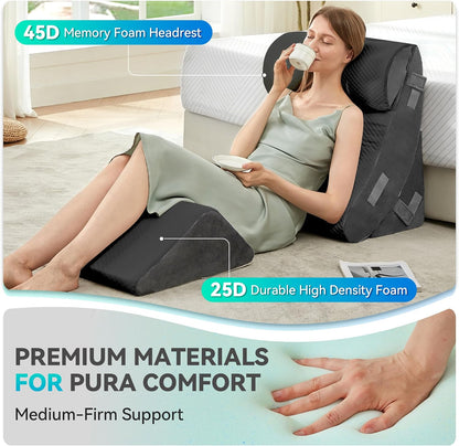 4PCS Bed Wedge Pillow Post Surgery, Orthopedic Sleeping Wedge Pillow Set for Back, Neck and Leg Pain Relief, Acid Reflux, GERD, Memory Foam Support Pillows for After Surgery, Grey