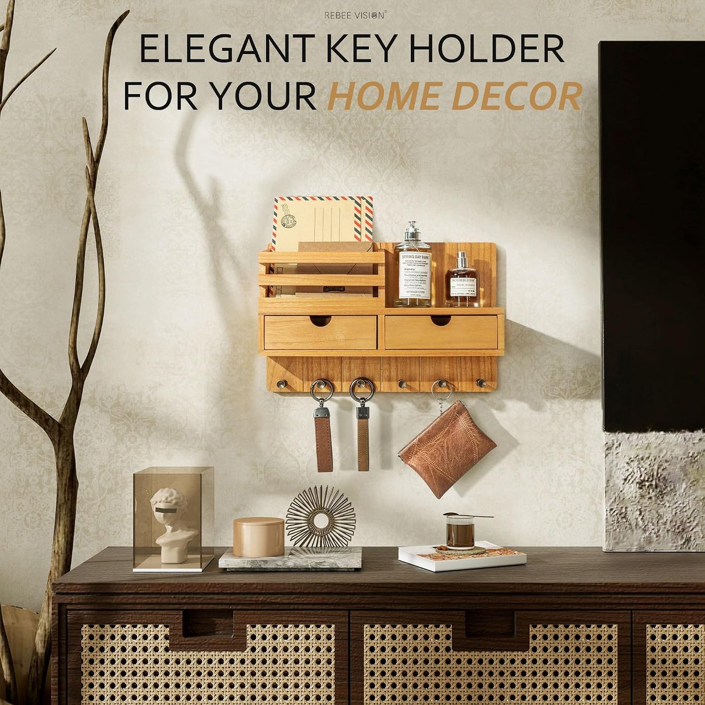 Rebee Vision Key Holder Wall Mount with Shelf for Entryway, Distressed Blue | Modern Mail Organizer, 6 Key Hooks, 2 Drawer Organizer, Key Hanger Home Decor Aesthetic, Apartment Storage Essentials