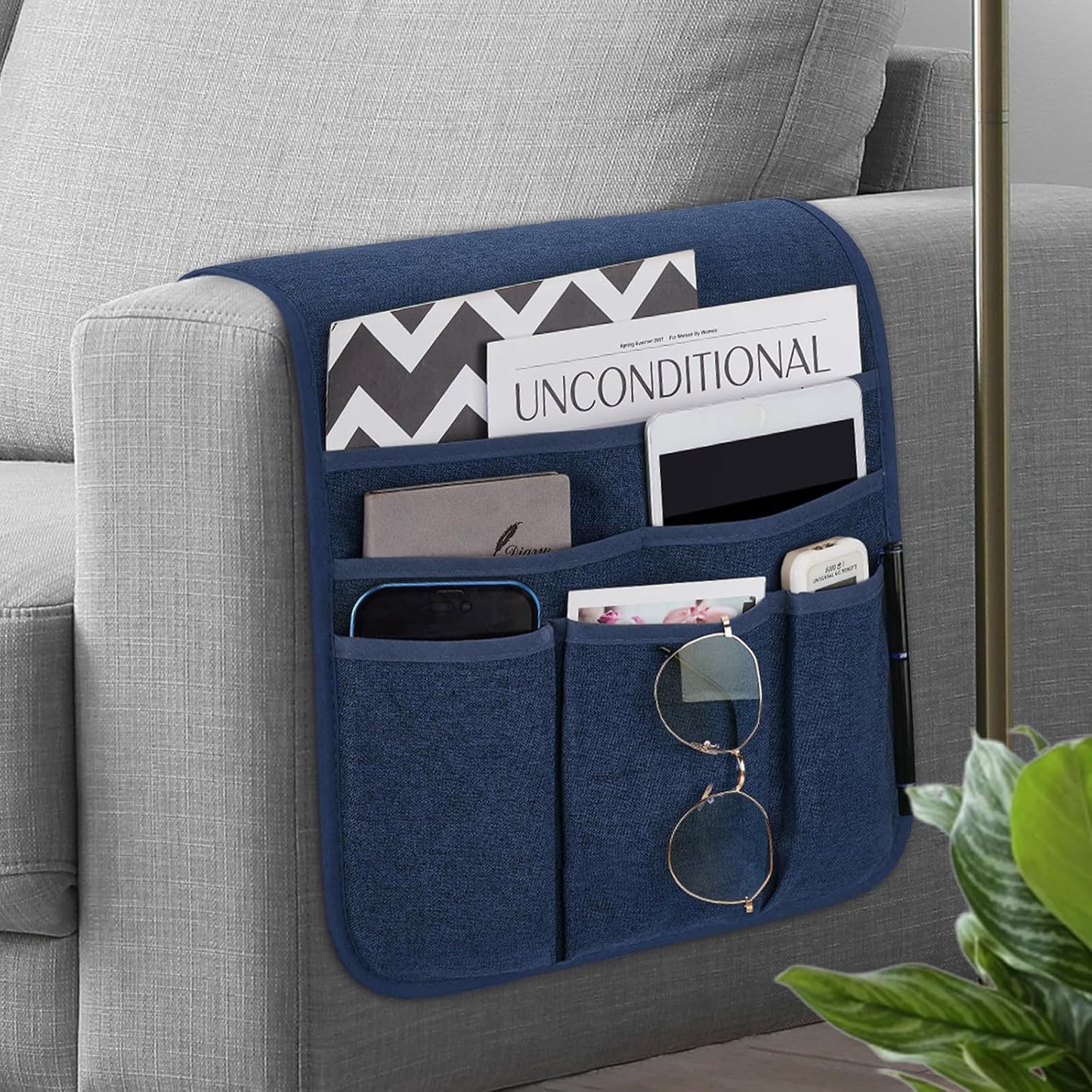 Teniux Remote Control Holder GRS Certified Armchair Caddy for Recliner Couch, Recycled Material Non-Slip Armrest Organizer with 5 Pockets for Magazine, Tablet, Phone, iPad (Dark Grey)