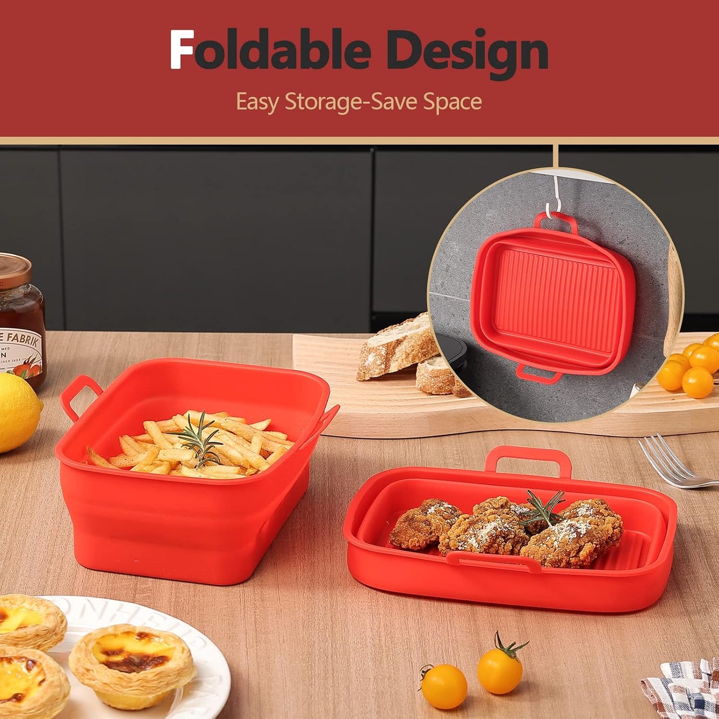 Collapsible Silicone Air Fryer Liners 8QT 10QT Ninja Dual (Gray) | 2 Pack Food Grade Platinum Silicone, Snug Rectangular Fit, Grease Drainage Ridges, Dishwasher Safe, BPA Free Basket Liner
