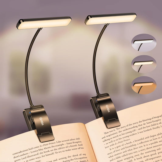 Gritin 19 LED Rechargeable Book Light for Reading in Bed | Eye Caring 3 Color Temps,Stepless Dimming Brightness,Memory Function,90 Hrs Runtime Lightweight Clip on Light for Book Lovers