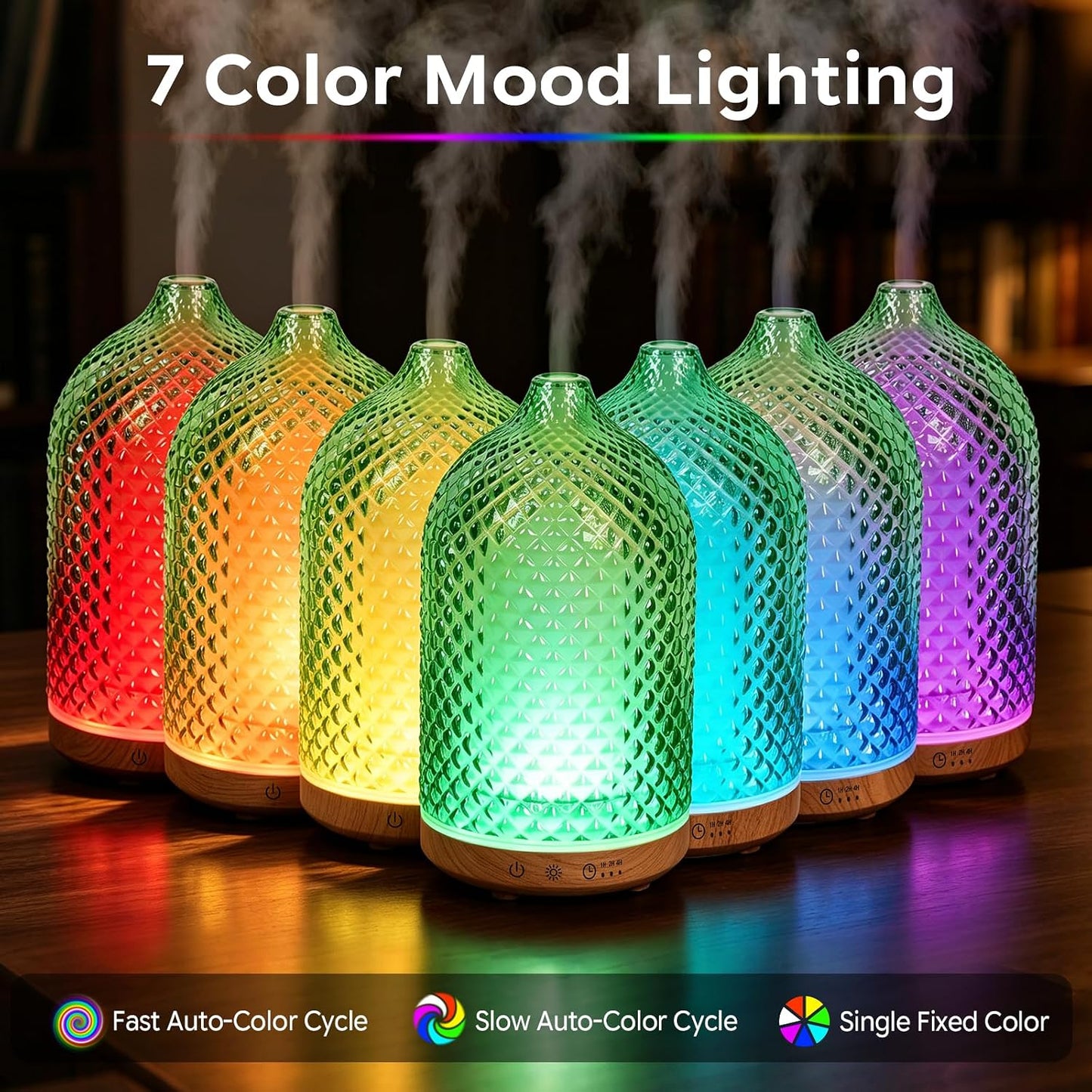 Essential Oil Diffuser 150ml, Glass Diffuser with Ultrasonic Small Humidifier, 7 Color Lights, 1/2/4H Timer, Quiet Auto Shut-Off Oil Diffuser for Bedroom, Home, Office (Silvery)