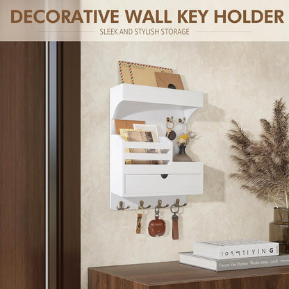 Rebee Vision Key Holder Wall Mount with Drawer Organizer for Entryway,Brown | Pine Wood, 6 Key Hooks, Display Shelf for Plants, Mail Slot for Storage Letter, Multi-Funtional Design, Home Storage