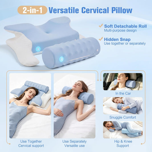 Cervical Neck Pillow for Pain Relief, 2-in-1 Memory Foam Pillow with Removable Cervical Roll, Orthopedic Neck Support Contour Bed Pillows with Ice Silk Pillowcase for Side Back Stomach Sleepers