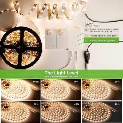 RAYZEEK Wireless Motion Activated LED Strip Lights,19.7FT LED Strip Lights with Power Adapter,Wireless Motion Sensor Control Dimmer,Timing,Cool White (1×Controller+2×Motion Sensor)