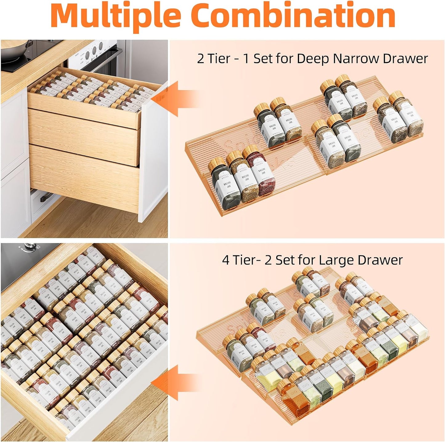 Spice Drawer Organizer, 8 Pack Clear Seasoning Organizer Rack | Expandable From 11" to 22" Wide, Kitchen Spice Rack Organizers for Drawer, Countertop, (Jars Not Included)