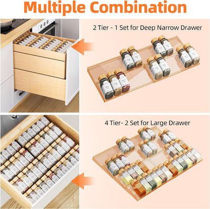 Spice Drawer Organizer, 8 Pack Clear Seasoning Organizer Rack | Expandable From 11" to 22" Wide, Kitchen Spice Rack Organizers for Drawer, Countertop, (Jars Not Included)