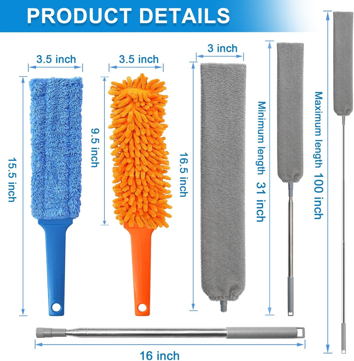 3 Pcs Professional Gap Cleaning Duster Sets, 1 Pcs 100 inch Retractable Gap Duster and 2 Pcs 15 inch Gap Cleaning Dusters, Microfiber Dusters for Gaps, Blinds, Cars, Furniture, Office