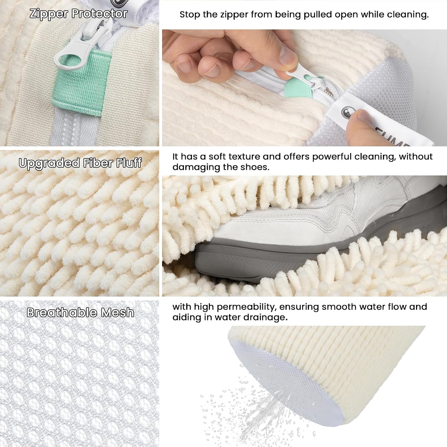 1 Pcs Shoe Washing Machine Bag, White | Extra Long and Thick Microfibre Fluff, Reusable for Washer & Dryer, All-Around Cleaning for All Shoe Types