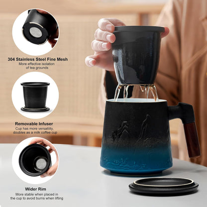 suyika Tea Cup with Infuser and Lid, 15.2 Ounce Wood Handle Ceramic Loose Leaf Mug Gradient Black&Green 450ml