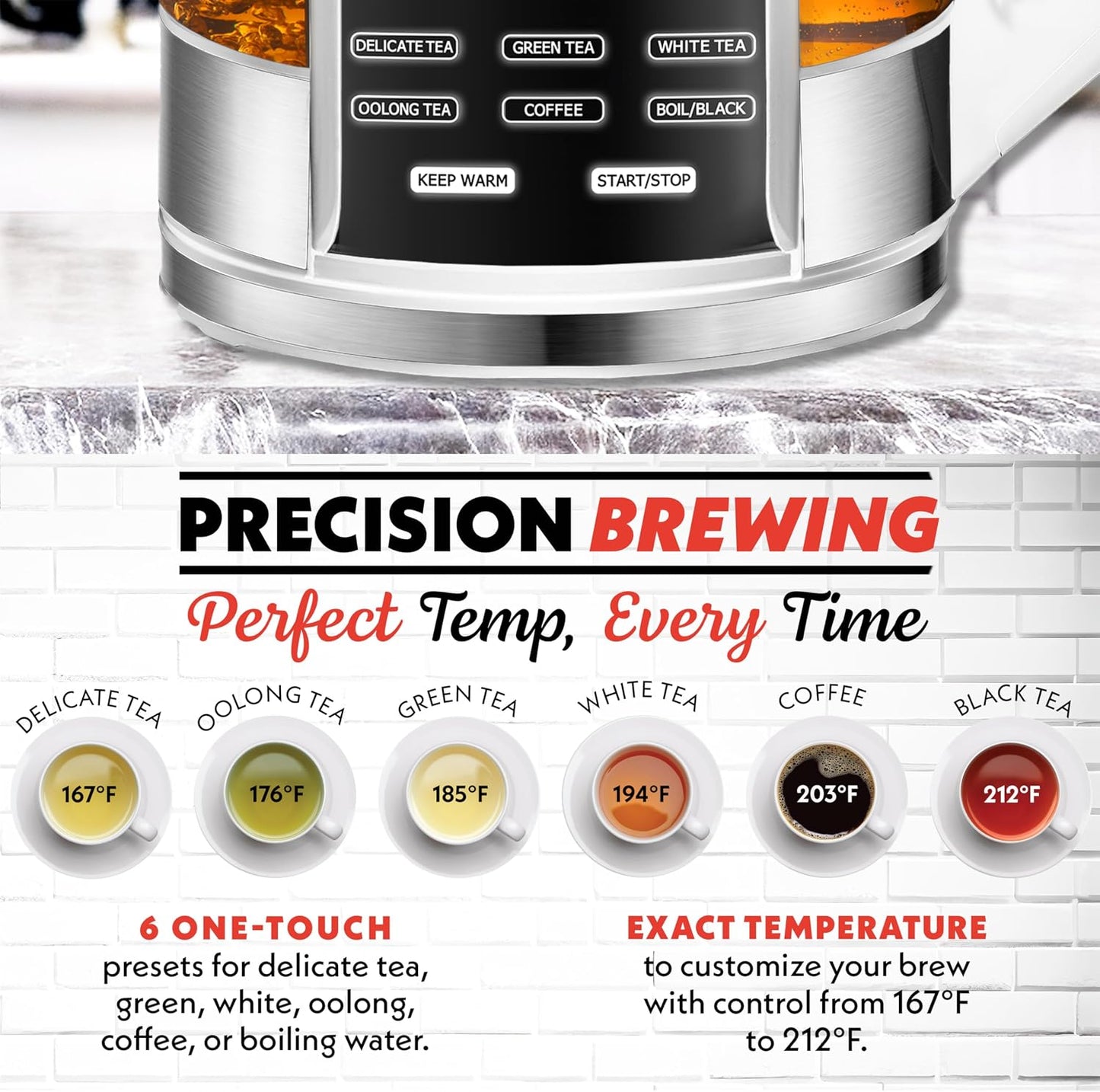 Gourmia Electric Glass Kettle – 1.7L Programmable Tea & Coffee Brewer with Digital Touch Display, 6 Presets, Removable Stainless Steel Infuser, Cordless with 360° Swivel Base, Black